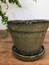 Load image into Gallery viewer, Glazed terracotta pot and dish - moss green
