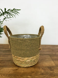 Two tone natural and green seagrass basket